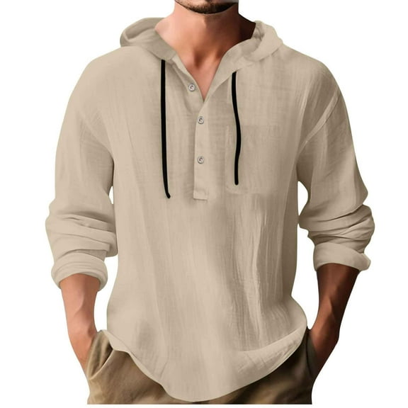 Miluxas Cotton Linen Hoodie Men Lightweight Long Sleeve Button Down Shirts with Hood Summer Trendy Plain Drawstring Hooded Shirts Khaki L(L)