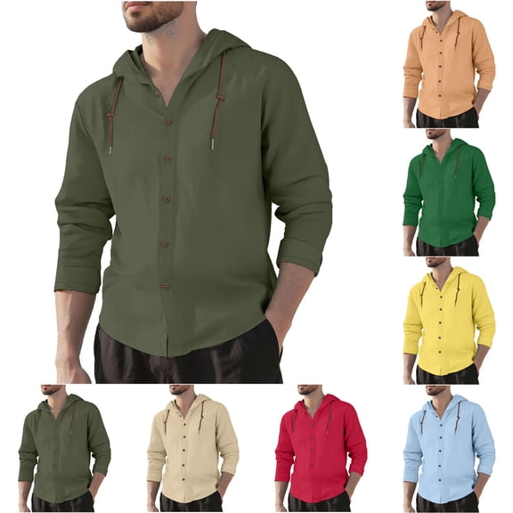 Miluxas Cotton Linen Hoodie for Men Drawstring Hooded Button Down Beach Hippie Shirt Lightweight Soft Long Sleeve Blouse Tops Yellow