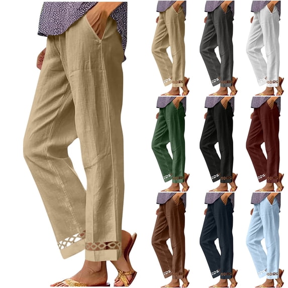 Miluxas Cotton Linen Pants Women Elastic Waisted Pull On Straight Leg Pants Summer Casual Loose Beach Pant Bottom Hollow Out White