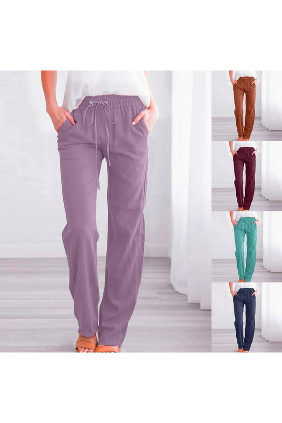Cotton Linen Pants for Women Elastic Waist Drawstring Pants Loose Fit Style Flax Ankle Trousers with Pockets Wine