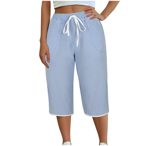 Miluxas Cotton Linen Pants for Women Wide Leg Cropped Lounge Trousers Drawstring Elastic Waist Summer Beach Capri Pants Blue 16(XXXL)
