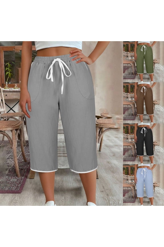 Cotton Linen Pants for Women Wide Leg Cropped Lounge Trousers Drawstring Elastic Waist Summer Beach Capri Pants Gray 12(XL)