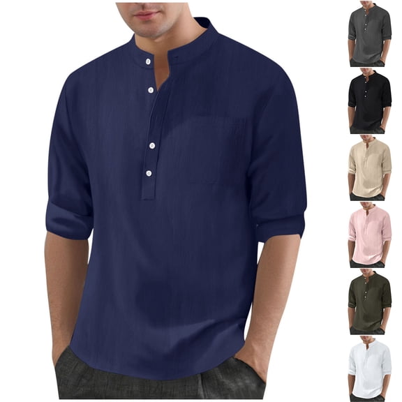 Miluxas Cotton Linen Shirts for Men Lightweight Casual Long Sleeve Henley Beach Hawaiian Tops White