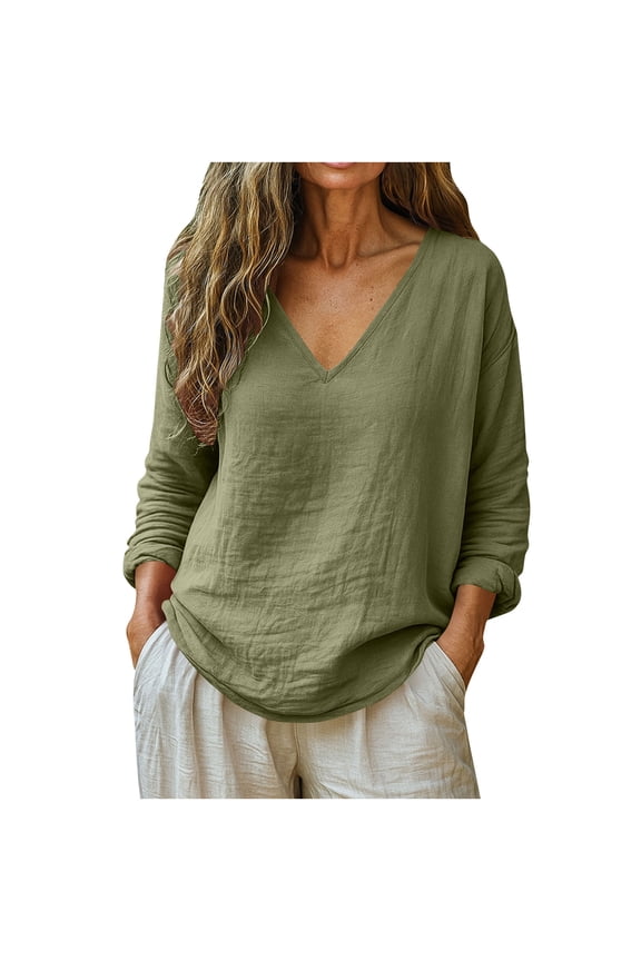 Cotton Linen Shirts for Women Casual V Neck Long Sleeve Tops Summer Beach Blouses Spring Fashion Clothes Army Green