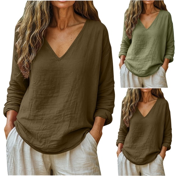 Miluxas Cotton Linen Shirts for Women Casual V Neck Long Sleeve Tops Summer Beach Blouses Spring Fashion Clothes Coffee