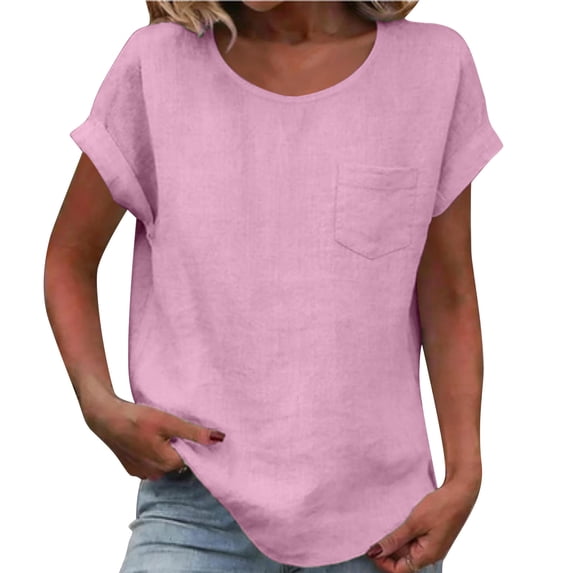 Miluxas Cotton Linen Tops for Womens Short Sleeves Scoop Neck Pocket Shirts Loose Solid Color Basic Tee Pullover Pink