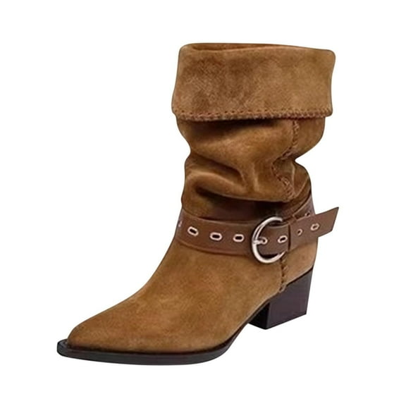 Miluxas Cowgirl Boots Women Mid Calf Boots Pointed Toe and Low Heel Cowboy Suede and Faux Leather Boots with Belt Buckle Yellow 5.5(36)