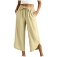thumbnail image 1 of Miluxas Crinkle Textured Capri Pants for Women Outing Casual Pants Drawstring Elastic Waist Wide Leg Cropped Pants with Side Slit & Pocket Beige, 1 of 5