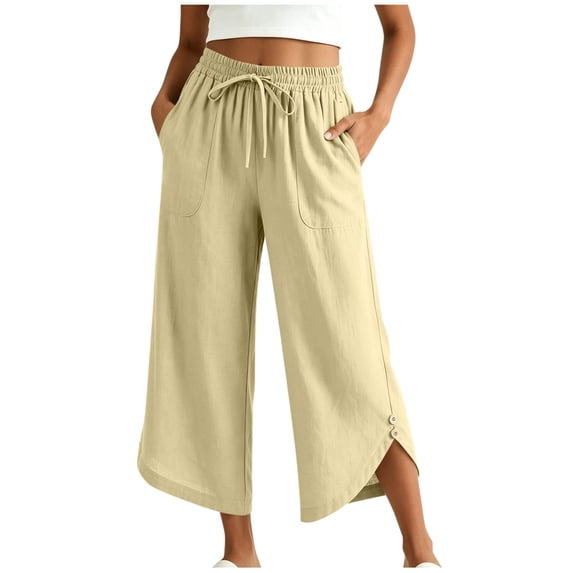 Miluxas Crinkle Textured Capri Pants for Women Outing Casual Pants Drawstring Elastic Waist Wide Leg Cropped Pants with Side Slit & Pocket Beige