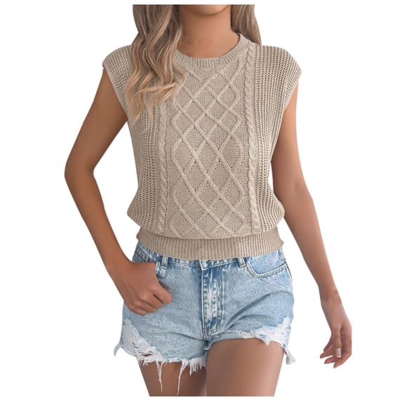 Miluxas Crochet Sweater Vest Fall Fashion Knit Sleeveless Tank Tops for Women Lightweight Casual Pullover Clothes Khaki