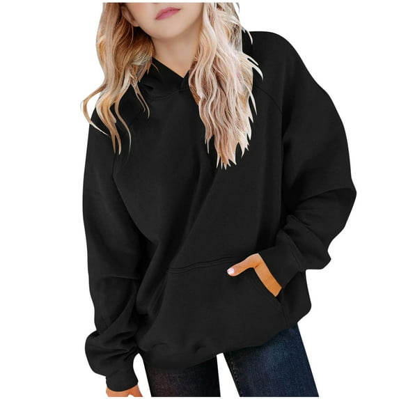 Miluxas Cute Hoodies for Teen Girls Trendy Hooded Sweatshirts Oversized Long Sleeve Shirts Solid Color Clothes for Girls Black 7 Years