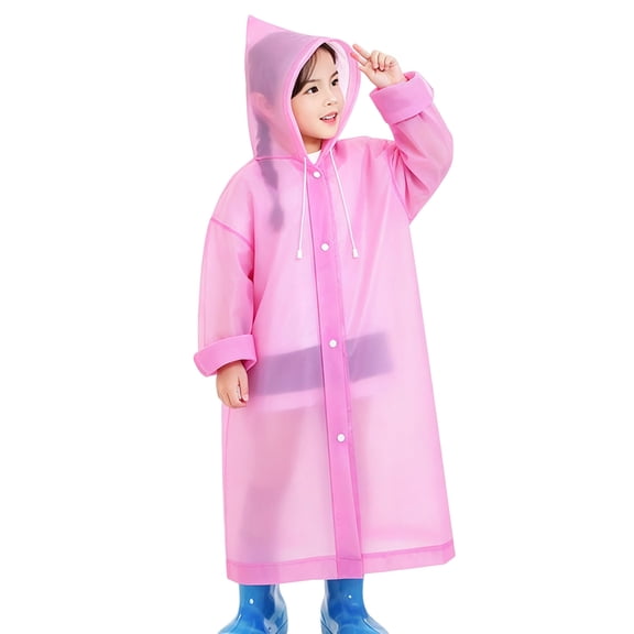 Miluxas Cute Translucent Raincoat, Lightweight Waterproof EVA Hooded Poncho, Reusable Rain Jacket with Snap Buttons for Boys & Girls Pink 9-11Years