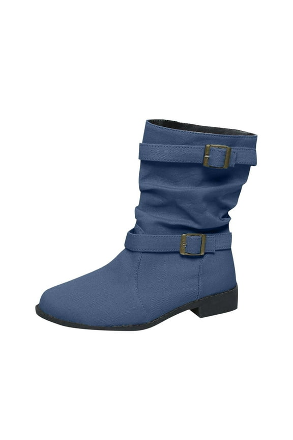 Denim Booties for Women Denim Round Toe Boots for Women with Buckle Casual Short Boots Pull on Low Heel Boots Blue 9(42)