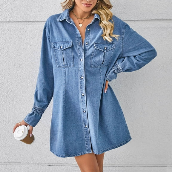 Miluxas Denim Dress for Women with Pockets Short Sleeve Babydoll Denim Shirt Dresses for Women Blue 10(XL)