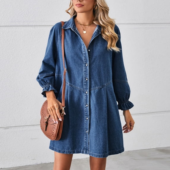 Miluxas Denim Dress for Women with Pockets Short Sleeve Babydoll Denim Shirt Dresses for Women Dark Blue 10(XL)
