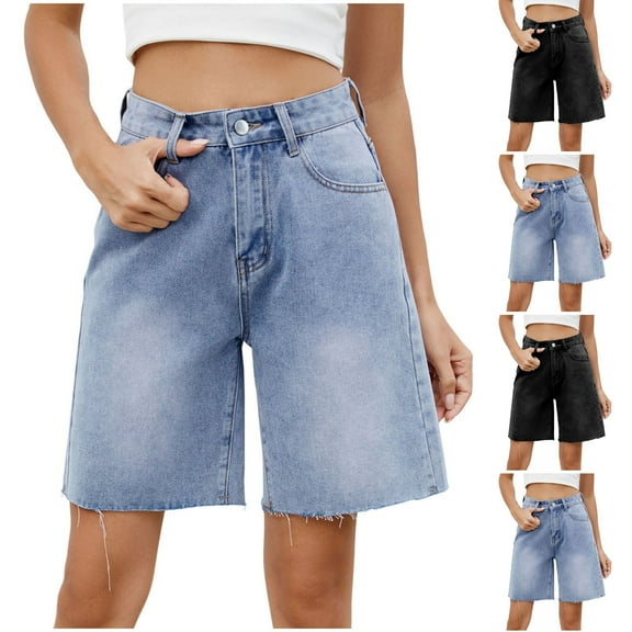 Miluxas Denim Shorts for Women High Waisted Classic Casual Long Jean Shorts Stretchy Denim Jorts with Pockets Blue XL(XL)