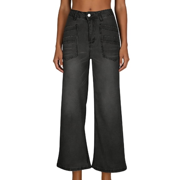 Miluxas Denim Straight-leg Cropped Pants for Women High Waist Washed Jeans Fashion Streetwear Black