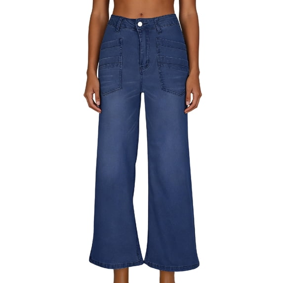 Miluxas Denim Straight-leg Cropped Pants for Women High Waist Washed Jeans Fashion Streetwear Dark Blue