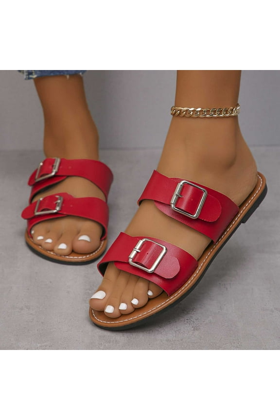 Double Buckle, Slip-On Suede Sandal for Women Red 7(39)
