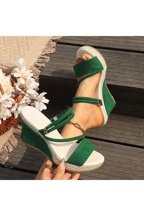 Double Strap Wedge Slides for Women - Open Toe Espadrille Platform Sandals, Comfortable Summer Heeled Shoes for Vacation, Daily Wear & Beach Trips Green 9(42)