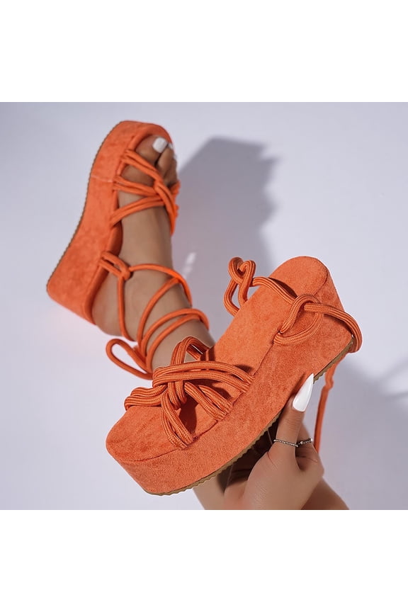 Dresses Platform Sandals for Women, Fashion Tie Rope Ankle Strap Summer Open Toe Beach Roman Shoes Orange 7.5(40)