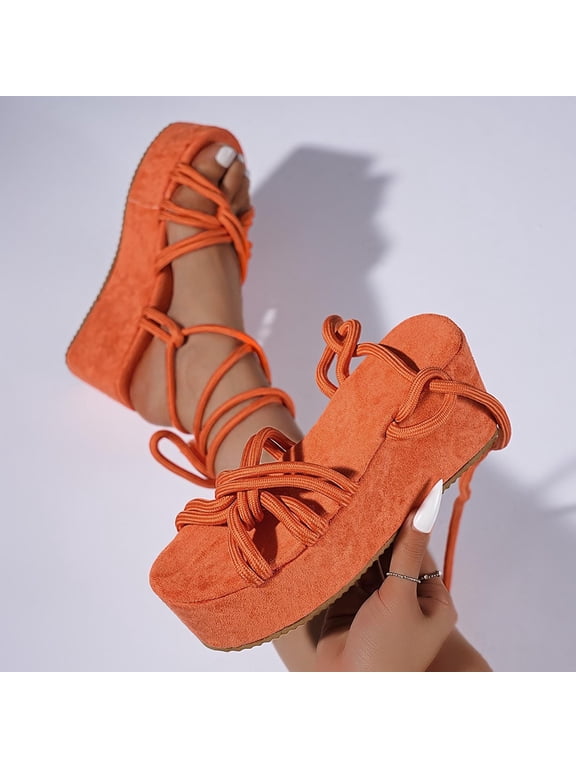 Dresses Platform Sandals for Women, Fashion Tie Rope Ankle Strap Summer Open Toe Beach Roman Shoes Orange 8.5(41)