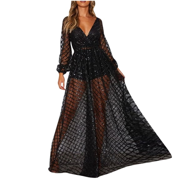 Miluxas Dresses Plus Size Women Solid Sequins Thin Zipper Hollow Out Backless Long Sleeve V-Neck Dress Black 12(XXL)