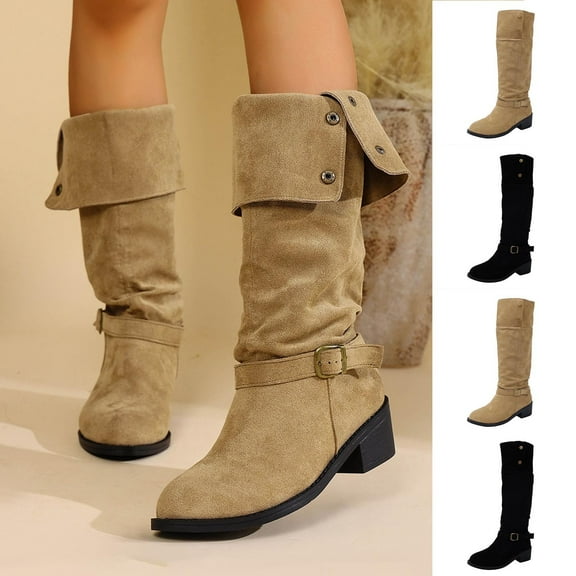 Miluxas Dressy Boots for Women Round Toe Low Heels Knee High Boots Slouchy Riding Boots with Low Heel Khaki 9(42)
