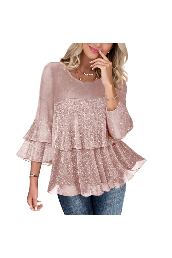 Dressy Tops for Women formal Elegant Blouses 3/4 Sleeve Sparkly Cocktail Party Evening Shirts Pink L(L)
