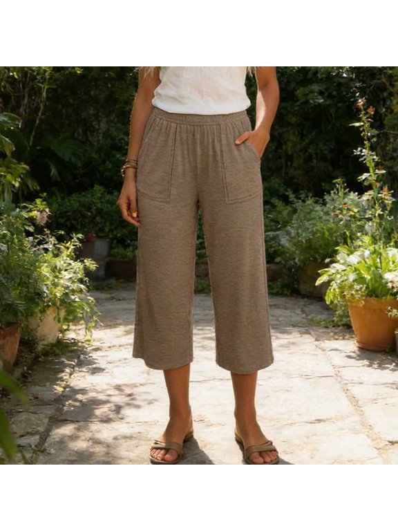 Elastic High Waist Capri Pants for Women Knee Length Wide Leg Sweat Capris Dressy Casual Summer Crop Pants with Pockets Coffee