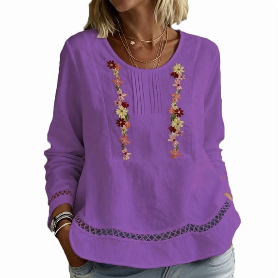 Miluxas Embroidered Tops for Women Trendy Hollow Trim Long Sleeve Boho Cotton Shirts Scoop Neck Pullover Clothes Purple