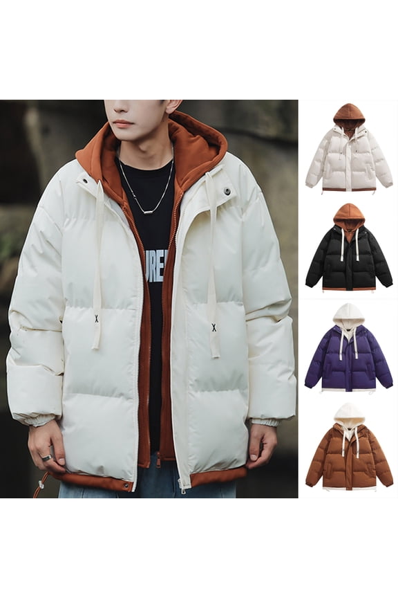 Fake Two Piece Men's Hooded Unisex Korean Cotton Padded Jacket Winter Warm Male Thicken Coats Solid Down Jacket Purple