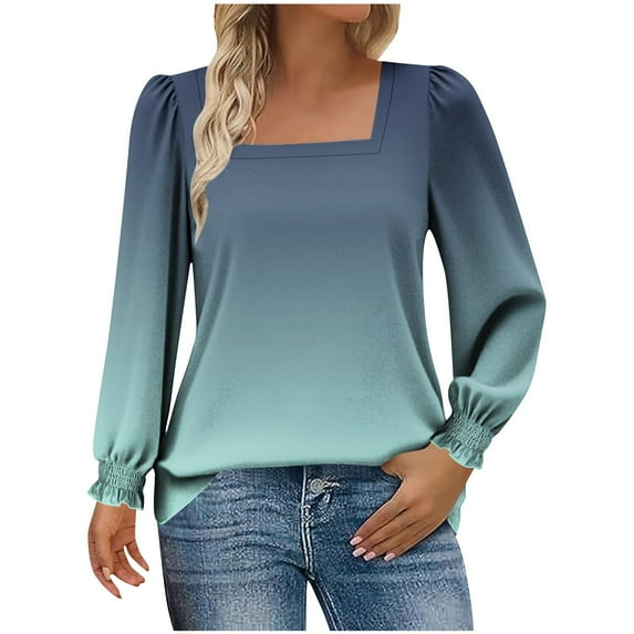 Miluxas Fall Long Sleeve Shirts for Women Blouses Dressy Gradient Print Casual Square Neck Puff Sleeve Tops T Shirts Army Green XXL(XXL)