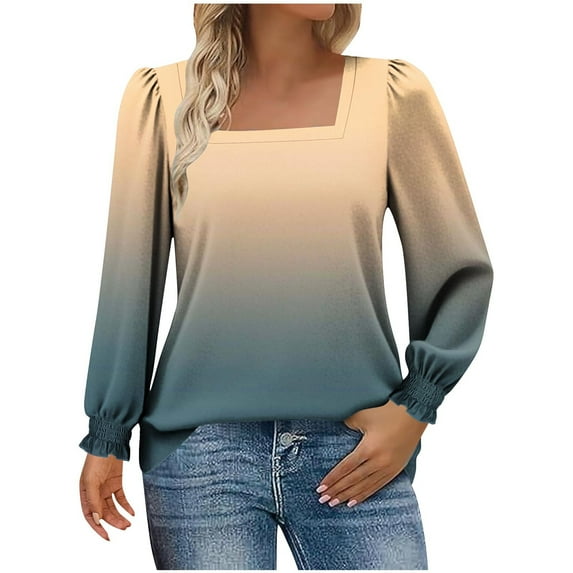 Miluxas Fall Long Sleeve Shirts for Women Blouses Dressy Gradient Print Casual Square Neck Puff Sleeve Tops T Shirts Orange XL(XL)
