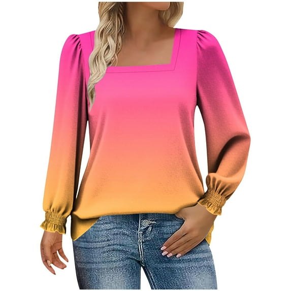 Miluxas Fall Long Sleeve Shirts for Women Blouses Dressy Gradient Print Casual Square Neck Puff Sleeve Tops T Shirts Pink XL(XL)