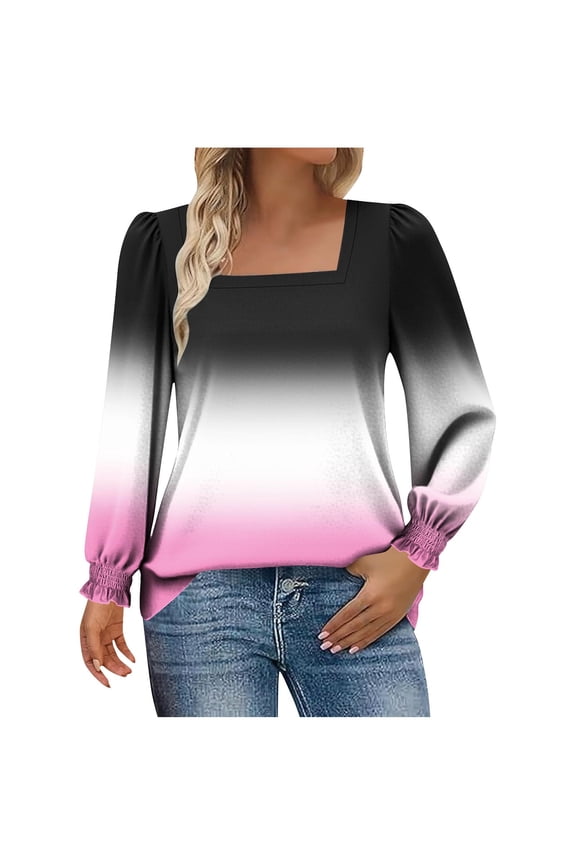 Fall Long Sleeve Shirts for Women Blouses Dressy Gradient Print Casual Square Neck Puff Sleeve Tops T Shirts Pink XXL(XXL)