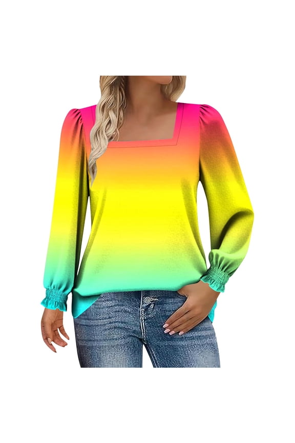 Fall Long Sleeve Shirts for Women Blouses Dressy Gradient Print Casual Square Neck Puff Sleeve Tops T Shirts Yellow XXL(XXL)