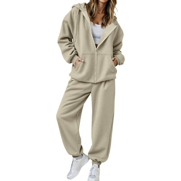 Miluxas Fall Outfits for Women Oversized Zip up Hoodie Sweatshirt Jogger Sweatpants 2 Piece Sweatsuits Lounge Sets Beige XL(XL)
