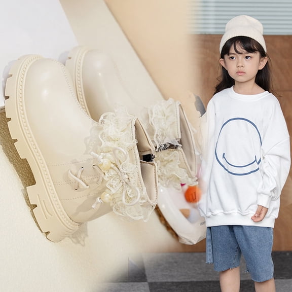 Miluxas Fall Winter Ankle Boots for Girls Kids Western Cowgirl Boots Side Zipper Cozy Low Heel Non-Slip Short Booties Beige 1.5(35)