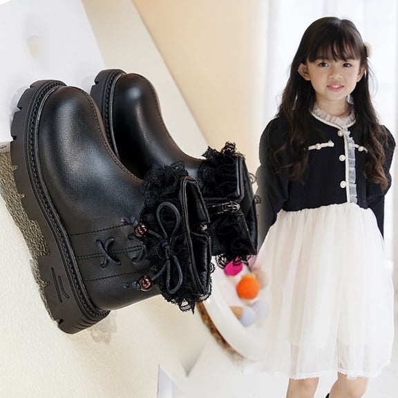 Miluxas Fall Winter Ankle Boots for Girls Kids Western Cowgirl Boots Side Zipper Cozy Low Heel Non-Slip Short Booties Black 11(28)