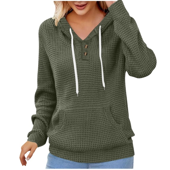 Miluxas Fall Womens Hoodies Oversized Solid Casual Fashion Waffle Sweaters Long Sleeve Button V Neck Pullover Tops with Pocket Army Green M(M)