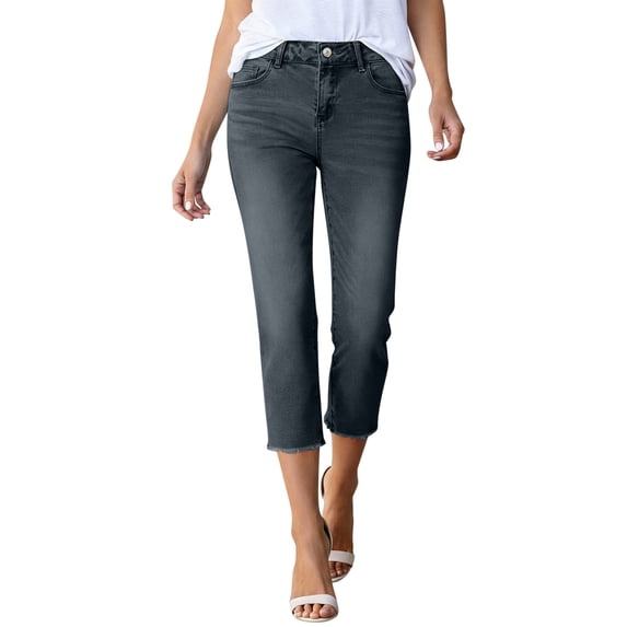 Miluxas Fashion Jeans Capris Women High Waisted Straight Leg Raw Hem Denim Capri Pants Black