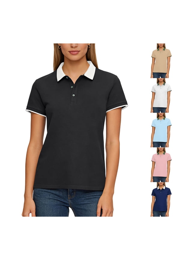 Fashion Lapel Collar Color Block Shirts for Women Short Sleeve Tops Lightweight Moisture Wicking Tennis Activewear White