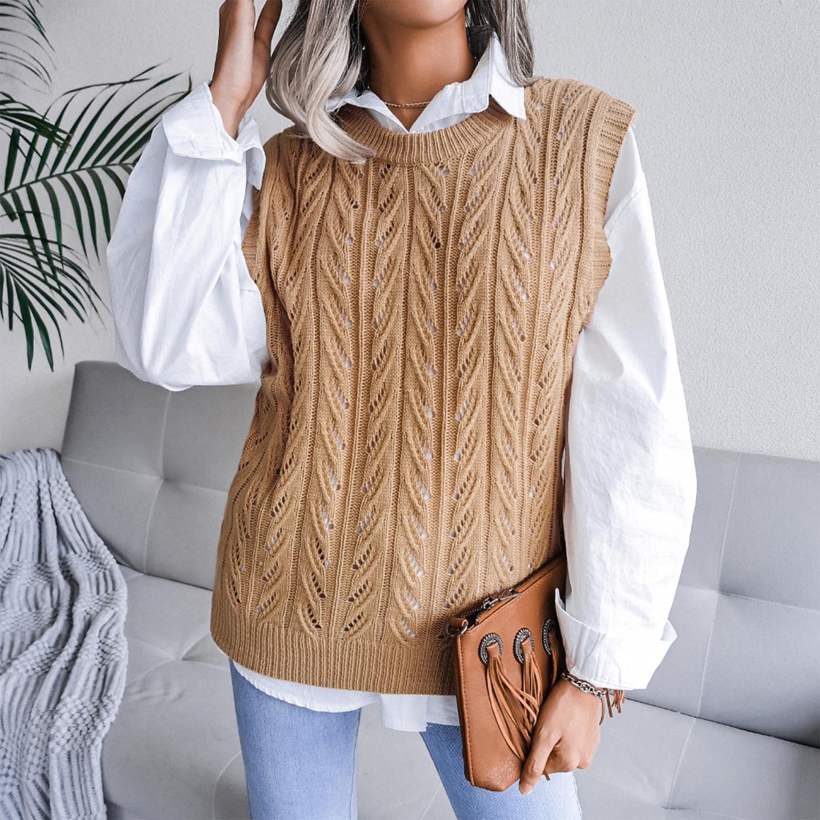 Hinvhai Fashion Women Casual O-Neck Hollow Knitted Vest Sweater