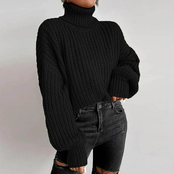 Miluxas Fashion Women Solid Long Sleeve Pullove Turtleneck-Neck Casual Sweater Tops On Seasonal Clearance Black 10(XL)