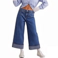 thumbnail image 1 of Miluxas Fashion Womens Striped Straight Leg Jeans Casual High Waisted Cuffed Denim Pants with Pockets Streetwear Dark Blue, 1 of 6