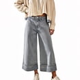 thumbnail image 1 of Miluxas Fashion Womens Striped Straight Leg Jeans Casual High Waisted Cuffed Denim Pants with Pockets Streetwear Light Blue, 1 of 7