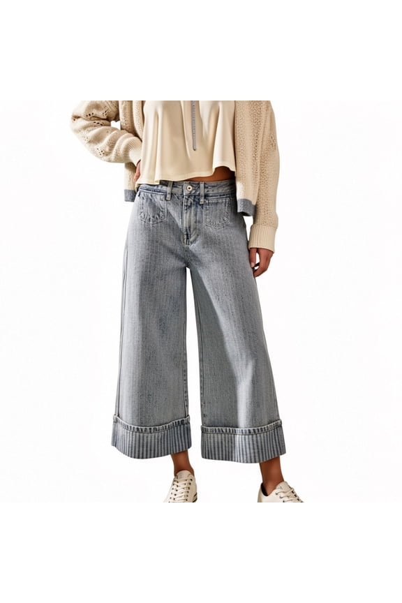 Fashion Womens Striped Straight Leg Jeans Casual High Waisted Cuffed Denim Pants with Pockets Streetwear Light Blue
