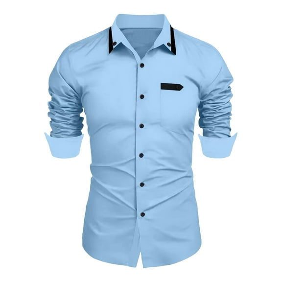 Miluxas Fashionable Men's Long Sleeved Lapel Solid Color Casual Top Shirt Sky Blue