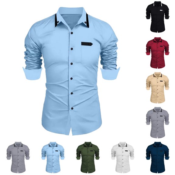 Miluxas Fashionable Men's Long Sleeved Lapel Solid Color Casual Top Shirt White